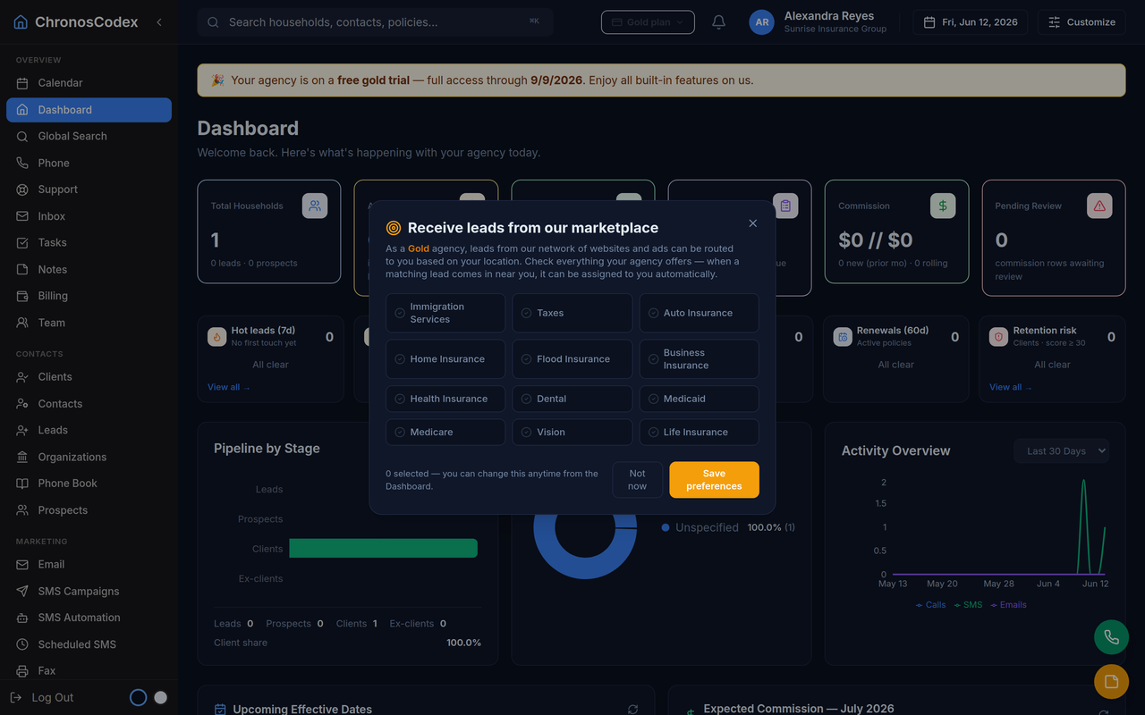 The ChronosCodex book-of-business dashboard: pipeline, queues, and activity in one view