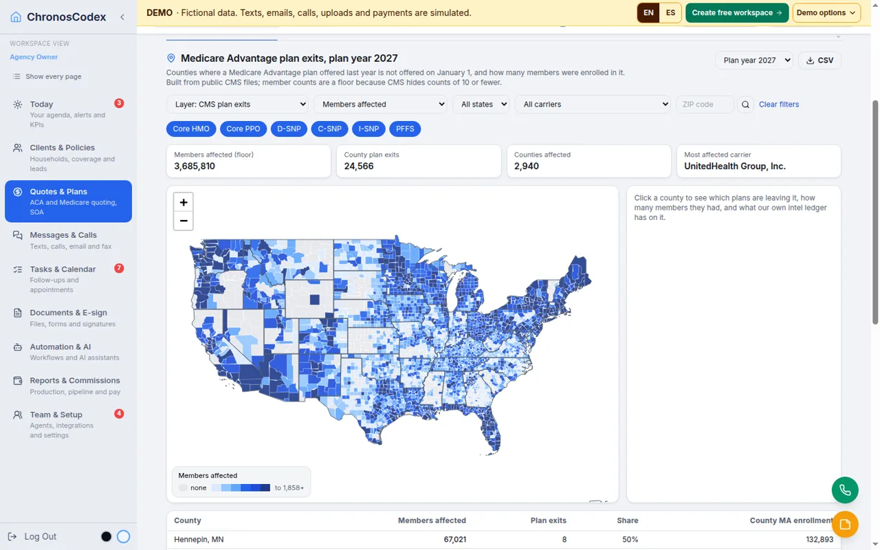 Un mapa de EE. UU. en Chronos con los condados donde un plan Medicare Advantage no se ofrece en 2027